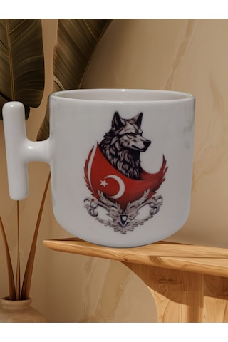 Ay Yıldız Kurt Çift Taraf Baskılı T Kupa Bardak Krem T