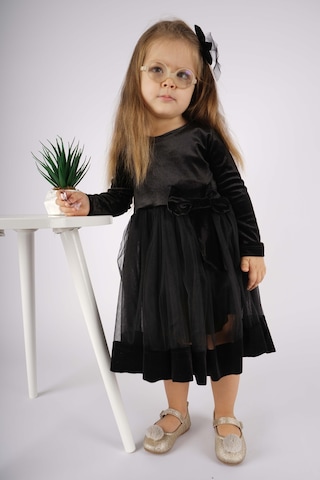 Kız Çocuk Yılbaşı Temalı Fiyonklu Eteği Tül Uzun Kol Elbise Siyah