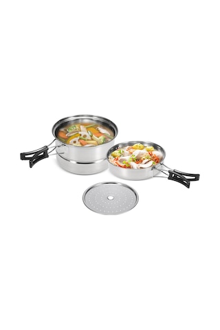 Teltree 3 Parça Çelik Kamp Tencere Seti: Kazan, Tava Ve Buğulama Rafı İle Çeşitli Pişirme Yöntemleri - Kamp, Bisiklet Turu Ve Mutfak İçin Uygun Gümüş