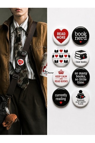 8 Li Set-13 Kitap Temalı Rozet Seti Book Lover Okuma Kitap Kurdu Çok Renkli