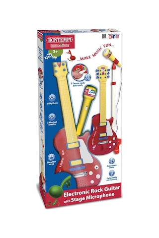Bontempi Elektronik Rock Gitar Tuşlu Telli Askılı Ayaklı Mikrofon Kırmızı