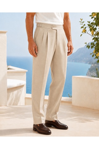 Danger Erkek Viskon Karışımlı Yan Tokalı Pileli Baggy Pantolon Bej 0171dngr