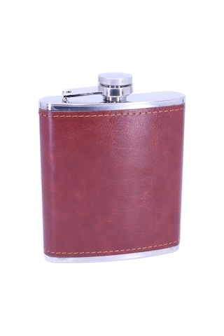 Kahverengi Deri Kaplama Paslanmaz Çelik Cep Matarası - Hip Flask 7 Oz