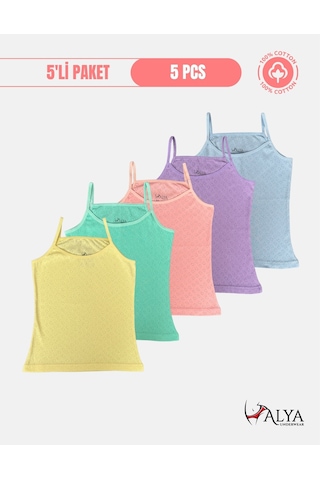 Alya Underwear Kız Çocuk - Garson İp Askılı %100 Pamuklu Atlet Kalpli Jakarlı Kumaş 5'li Paket Çok Renkli P15