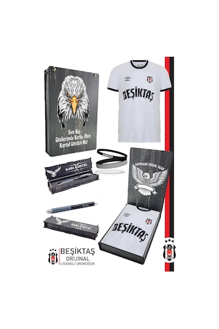 Beşiktaş Orijinal Lisanslı Nostalji Beyaz Çocuk Forma + Bileklik + Uçlu Kalem Set Hediyelik Ahşap Kutulu Beyaz - Kırmızı - Sarı
