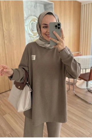 Unika Boutique Fitilli Armalı Detaylı Oversize Kaşkorse Basic Alt Üst Takım Vizon