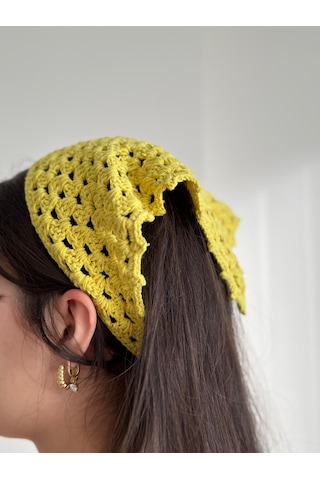 Kadın El Örgüsü Üçgen Bandana Saç Aksesuarı Sarı