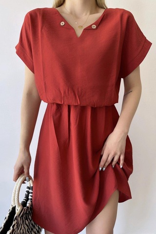 Kadın Mercan Kısa Kol, Kalp Yaka, Dokulu Desen, Bele Oturan, Aerobin Lastikli Bel Midi Elbise Mercan