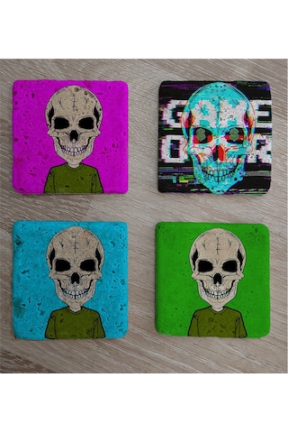 Kuru Kafa Game Over Doğal Taş Bardak Altlığı 4'lü Set - Natural Stone Coasters - Taş Çok Renkli
