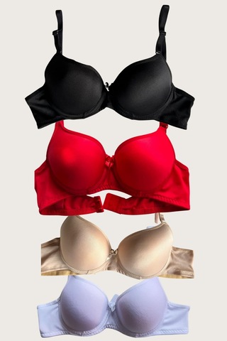Siyah-beyaz-kırmızı-ten 4'lü Dolgulu Push Up Micro Balenli Günlük Tek Destekli Sütyen Görsel