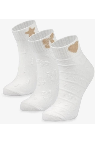 Bolero 3'lü Simli Nakışlı Kısa Çorap Beyaz