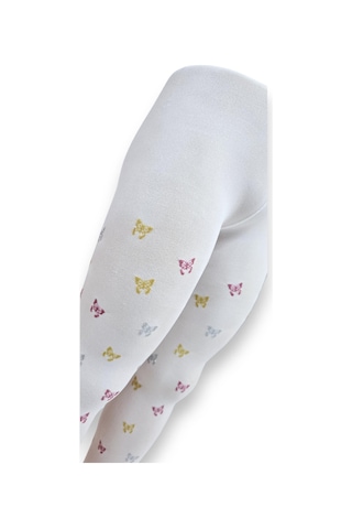 Kelebekli Simli Çocuk Külotlu Çorap - Dore St08584 Beyaz