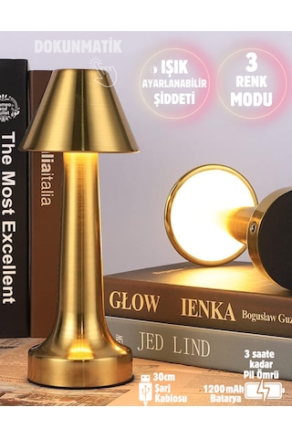 Işık Ayarlı Dokunmatik Mantar Masa Lambası Metal 3 Işık Renkli Şarjlı Masa Lambası Gold Altın