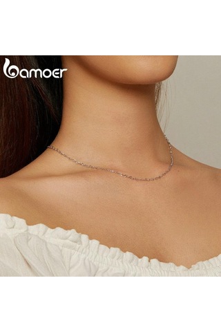 Bamoer Gerçek 925 Ayar Gümüş Trendy Kalp Şeklinde Temel Zincir Bağlantı Istakoz Kapat Ayarlanabilir Kolye Kadınlar İçin Gümüş