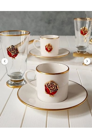 Regna Home Fine Living Love Roses 2 Kişilik Dekorlu Kadehli 6 Parça Kahve Fincan Takımı Beyaz