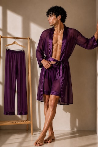 Qmen Style Erkek Şifon Kimono- Pijama - Şort Seti Mor