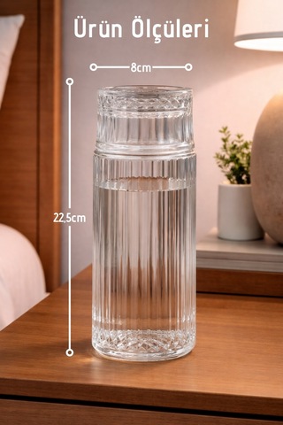 El Yapımı Cam, Linea Modelli Başucu Sürahisi - 730ml. Bardaklı Sürahi