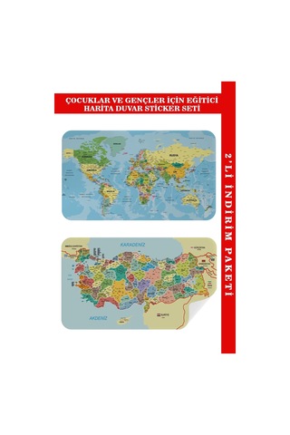 Eğitici - Öğretici Dünya Ve Türkiye Haritası Çocuk Odası Duvar Sticker-60x105-3888 Renkli