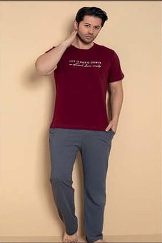 Pijamerry Erkek Bisiklet Yaka Kısa Kol Penye Pijama Takımı 6132 - 1 Adet Bordo