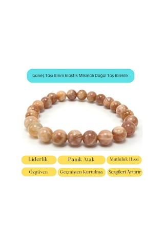 Sertifikalı Güneş Taşı 8mm Elastik Misinalı Doğal Taş Bileklik Turuncu