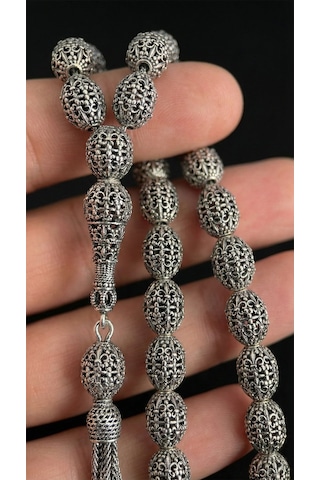 925 Ayar Oval Kesim 3 Kamçılı Püskül Orta Boy Örgü Desenli Otantik Gümüş Tesbih Rzt10032 Gümüş  - Siyah