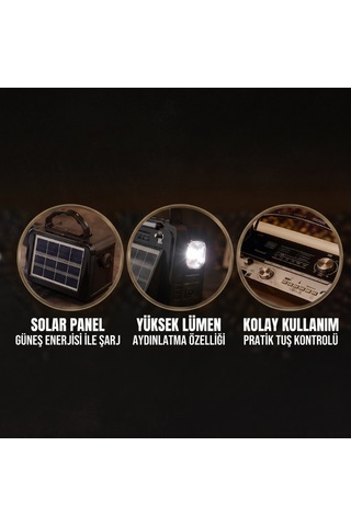 Büro Ev Ofis si İçin Solar Şarjlı Led Fenerli Aux Bt Nostalji Müzik Kutusu