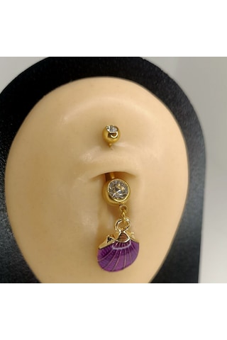 Aya Tasarım Gold Renk Mor İstiridye Figürlü Göbek Piercing Altın