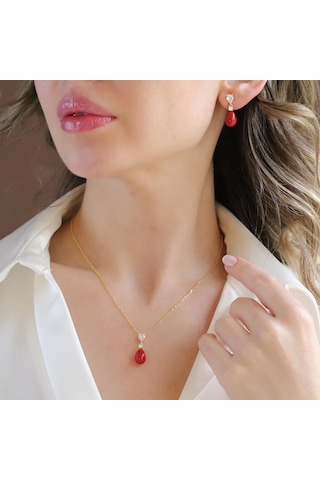 Mercan Taşlı Damla Gold Gümüş Set Gümüş