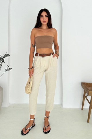 Kemer Detaylı Keten Pantolon Krem Krem
