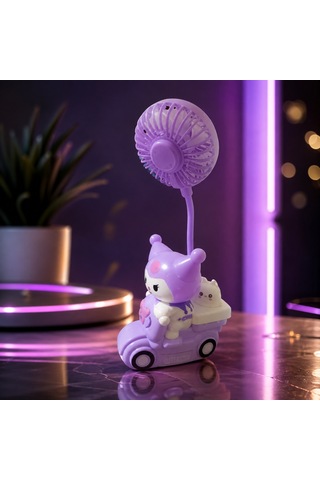 Vıp Yüksek Kalite Mor Kuromi Masa Fanı Mini Fan Işıklı Kalem Traşlı Mini Kalemlikli Şarjlı Masa Fanı