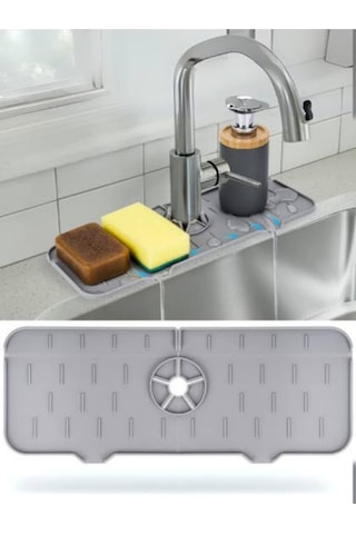 Silikon Musluk Matı Su Geçirmez Lavabo Kenar Damlatmaz Altlık Düzenleyici Mat Gri
