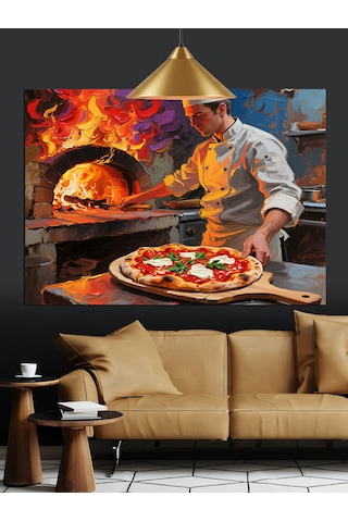 Odun Fırınında Pizza Ustası Dekoratif Kanvas - Mdf Ahşap Tablo