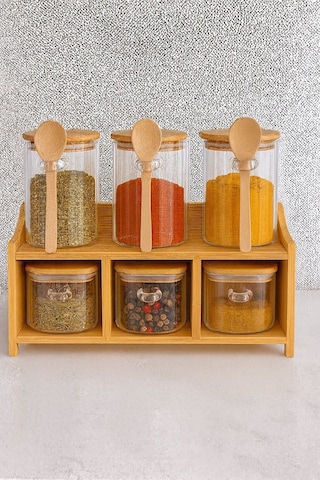 Qerhome 6lı Bambu Stantlı Borosilikat Cam Baharatlık Seti 430 Ml+330 Ml 11515 ŞEffaf
