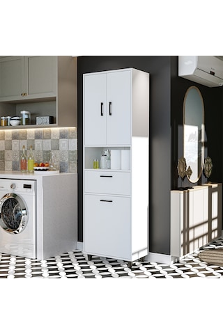 Çamaşır Sepetli Banyo Dolabı, Çok Amaçlı Çekmeceli Dolap 60 X 200 Mat Beyaz