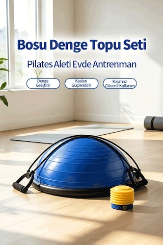 Bosu Ball Denge Topu 45 Cm Pilates Aleti Direnç Lastiği + Pompa Dahil Kaymaz Taban