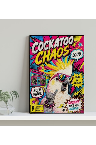 Bk Gift Cockatoo Chaos Yazılı Güneş Gözlüklü Kakadu Papağan Pop Art Renkli Kanvas Duvar Tablosu 50x70 Cm