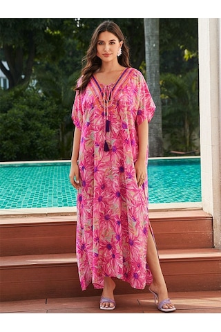 Edolynsa Artı Boyutu Kaftan Pembe Bohemian Baskılı Yaz Uzun Plaj Elbise Kadın Gecelik Kıyafet Mayo Cover Up Gevşek Kaftan Pembe