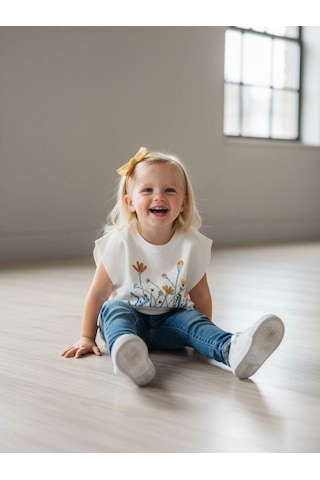 Zekids Kız Bebek Pamuklu Çiçekli Yarım Kollu T-shirt-7501 Krem