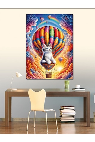 Kanvas Tablo Uçan Balon Yolculuğu Ve Kedi 100cmx140cm