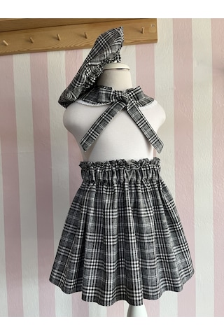 Eylülce Butik Kız Çocuk Gri Ekose Etek & Ressam Şapkası & Vintage Yaka Takım %100 Pamuk Üst Kalite Kumaş