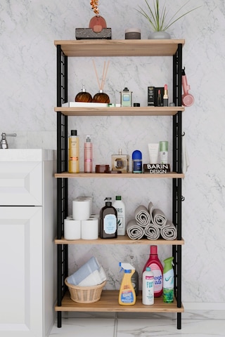5 Raflı Çevir-kur Raf Ünitesi Telli Metal Gövdeli Organizer Banyo, Mutfak, Balkon, Antre Uyumlu Atlantik Çam