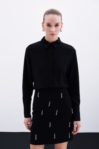 Sateen Boncuk Aksesuarlı Gömlek - Siyah-135925 Siyah