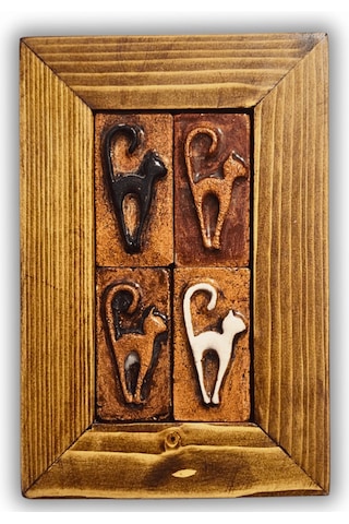 Rustik Bohem El Yapımı Seramik Kedi Duvar Panosu Ahşap Çerçeveli 15x23 Cm Ahşap 01