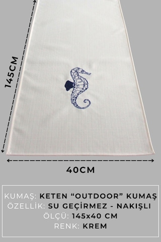 Marin Nakışlı Runner 145x40ve45x45 Kırlent Seti Deniz Atı Desen Su İtici Outdoor Keten Tekne Bahçe Krem
