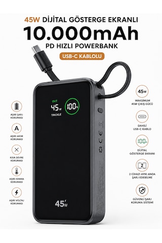 10000mah Powerbank Pd 45w Hızlı Şarj Dijital Ekranlı Dahili Type-c Kablolu Taşınabilir Şarj Cihazı Siyah