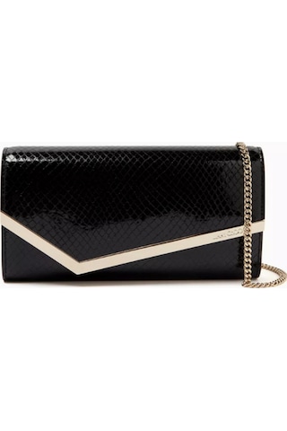 Jimmy Choo Patenli Deri Emmie Clutch, Rugan & Işıltılı, Asimetrik Kapak Tasarımı El Çantası Siyah
