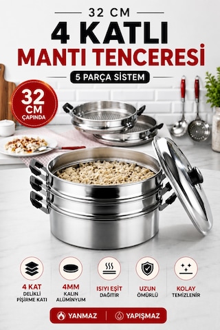Buharlı Alüminyum Mantı Tenceresi 32 Cm 4 Katlı Özbek Kazak Mantı Pişirme Tenceresi Gri
