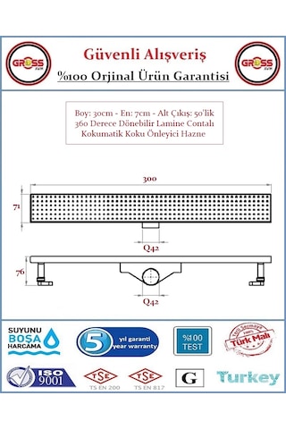 Duş Gider Kanalı - Dönerli Hazne - 304 Paslanmaz Izgara - 30cm