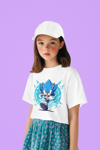 Sevbano Süper Sonic The Hedgehog Baskılı Unisex Çizgi Film Çocuk Tişört Beyaz