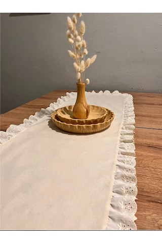 % 100 Pamuk Naturel Ham Keten Fisto Fırfırlı Oval Runner 40x110 Bej
